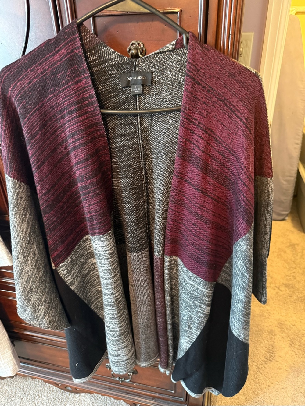 AB Studio Burgundy, Gray & Black Colorblock Open Front Sweater